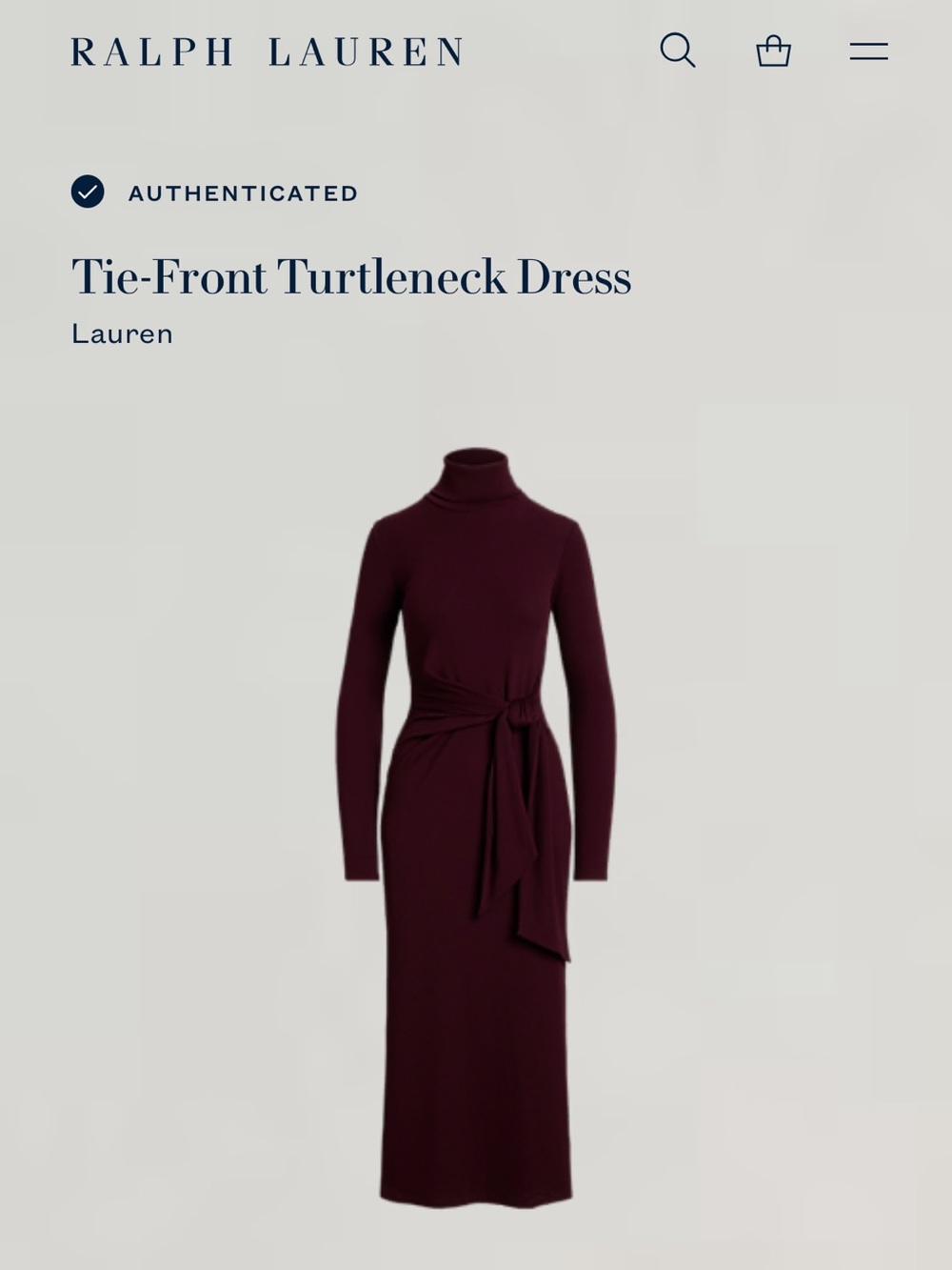 Ralph Lauren Dark Garnet Tie-Front Turtleneck Midi Dress Sz S
